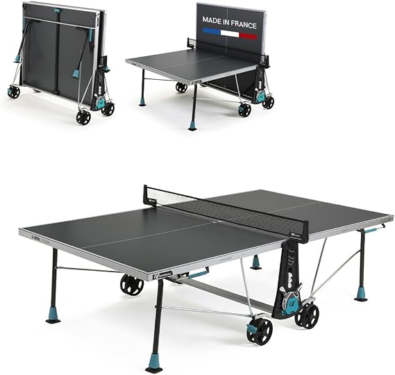 CORNILLEAU - 300X Outdoor Table Tennis Table - 5mm Weatherproof Surface, Anti-Glare Coating, Compact Folding Design, Storage for Paddles & Balls - Blue or Grey