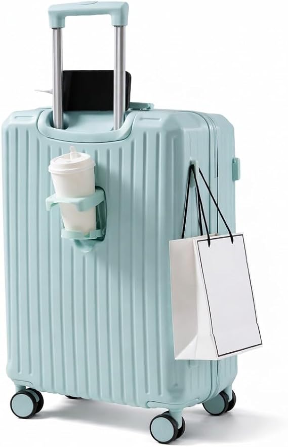 Cabin Suitcase with Cup Holder Rigid Hand Luggage with Mobile Holder, Double Lock and 360° Wheels, green, Cellar(26 in), Cabin Suitcase