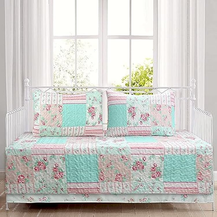 4 Piece DayBed Quilted Bedding Set, Spring Blossom Floral Pink Rose Lightweight for All Season