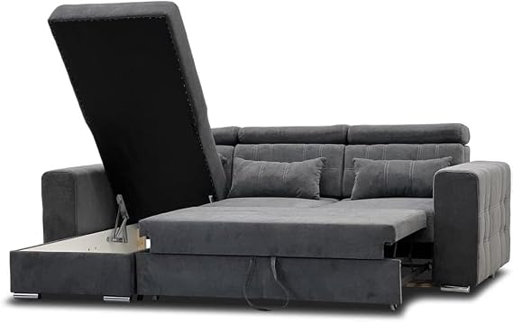 Lucca Corner Sofa Bed with Storage | Grey Fabric L-Shape Sleeper Sofa, Pull-Out Bed | Lift-Up Ottoman Storage | Modern Living Room Couch (Left Hand)
