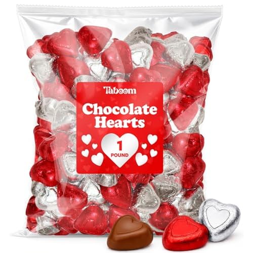 Milk Chocolate Valentine Hearts Candy - Red & Silver Foil Wrapped Creamy Chocolate Hearts, 1 Pound Bulk Chocolate s for Valentines Day Parties, Decorations, Gift Bags & Treats