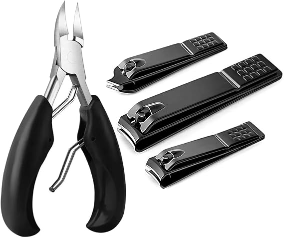 4Pcs Professional Nail Clippers Set, Ultra Sharp Sturdy Fingernail Clipper and Heavy Duty Toe Nail Clippers Adult Thick Nails Long Handle (Black)