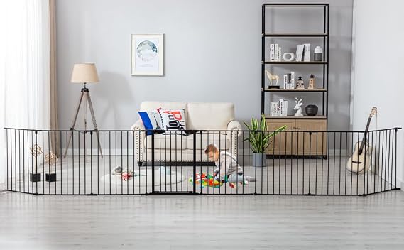 SOSPIRO 196.8inch Extra Wide Black Baby Gate with Door, Metal Long Baby Fence, Tall Pet Dog Gates for House Stairs Doorways,16.4ft Child Safety Fence Fireplace Christmas Tree,Indoor Outdoor, 8-Panel