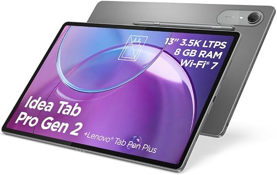 Lenovo Idea Tab Pro Gen 2 – 13" 3.5K Tablet (Snapdragon 8s Gen 4, 8GB RAM, 128GB UFS 3.1, 144Hz, Wi‑Fi 7, Bluetooth 6.0, Android 16 or later) Luna Grey – Includes Tab Pen Plus