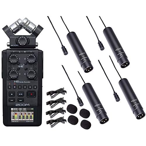 Zoom H6 Six-Track Portable Handy Recorder Bundle with 4-PACK of Movo XLR Lavalier Omnidirctional Clip-on Microphones 2020 Version