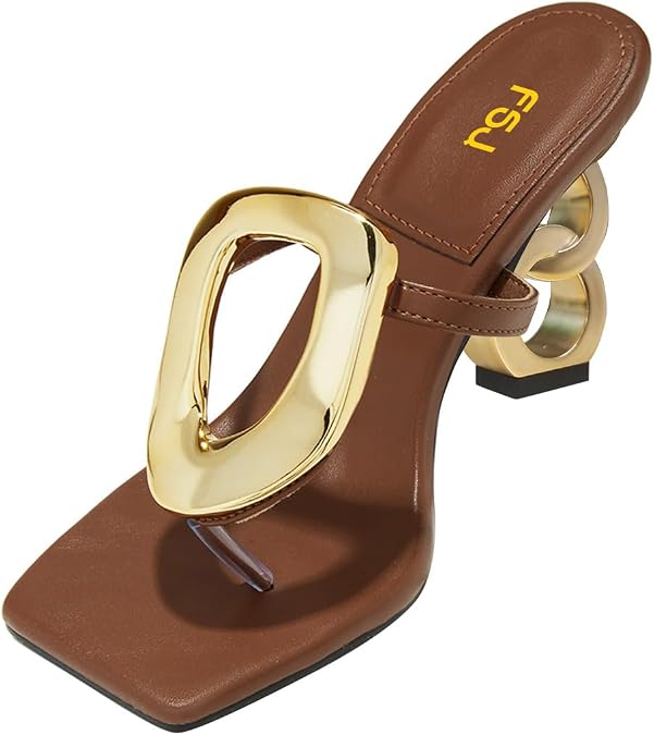 FSJ Women Square Open Toe Thong High Heel Sandals Gold Detail Chain Heel Flip Flops Slip-On Summer Mules Sexy Slippers Size 4-16 US