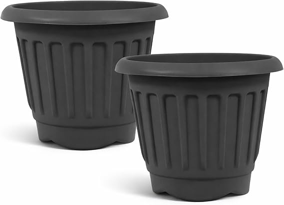 simpa Round Chunky Black Plastic Indoor or Outdoor Planters - Set of 2 Pots 40cm