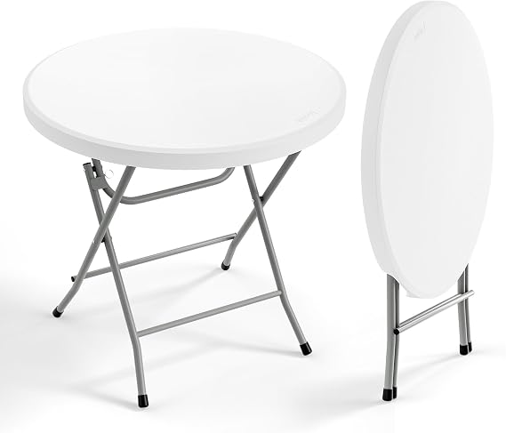 VINGLI 32" Round Folding Commercial Banquet Table, Portable Plastic Coffee Card Dining Table for Kitchen or Outdoor Party Wedding Event, 1 Pack, White