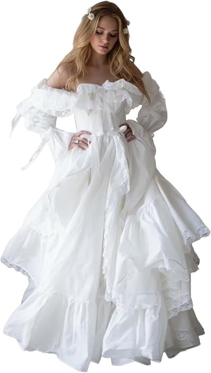 Puffy Off the Shoulder Formal Ball Gowns for Women Vintage Prom Dresses with Long Sleeve Wedding Gown