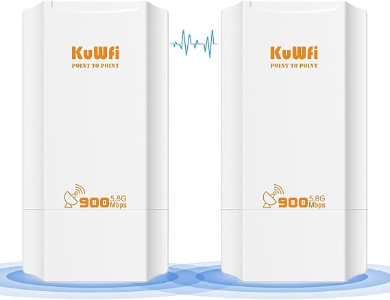 KuWFi 5.8G Wireless Ethernet Bridge, Long Range Point to Point, 2-Pack | WiFi Access Point Outdoor AP CPE Kit IP65 Waterproof WiFi Bridge for Extend starlink Router Signal