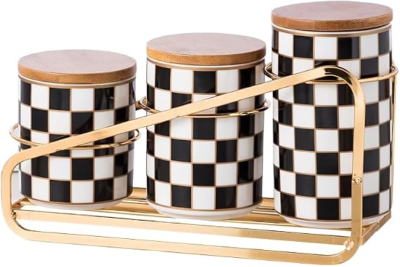 Set of 3 Ceramic Checked Countertop Kitchen Canisters with Stacking Shelves, Sealed Containers for Flour and Sugar, Coffee and Tea Storage
