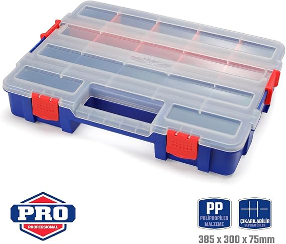 Workpro Profesyonel İstiflenebilir Organizer, 17 Gözlü, 38x30x6.8cm, Şeffaf Kapaklı, Polipropilen, Ayarlanabilir Bölmeli
