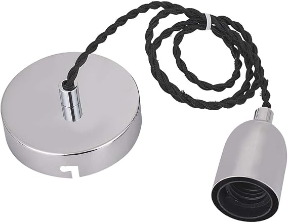COZZY Chrome Ceiling Pendant Light Fitting, Plated Aluminum E27 Screw Lamp Holder, 1000MM Black Braided Flex, Suspended Pendant Ceiling Rose.82002ABS Bulbs Not Included