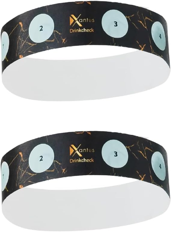 Drink Check Wristband Roofie Test by Xantus | Spiked Drink Bracelet Tester Detects GHB Within 10 Seconds Test Your Drink | Spiking Protection Detector Made in USA | (2 Black Wristbands 8 Tests)