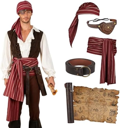 HiiFeuer Medieval Pirate Costume, Pirate Head Viking Scarf Sash Belt Embossed Eye Patch pirate decorations Map Cosplay