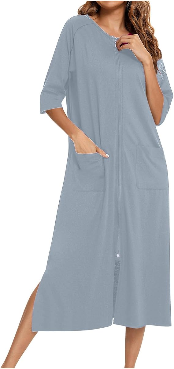 Women's Dress 3/4 Sleeve Zip Up Nightgown House Robe Long Dress Side Split | Lounge Coat Sleepwear Pocket
