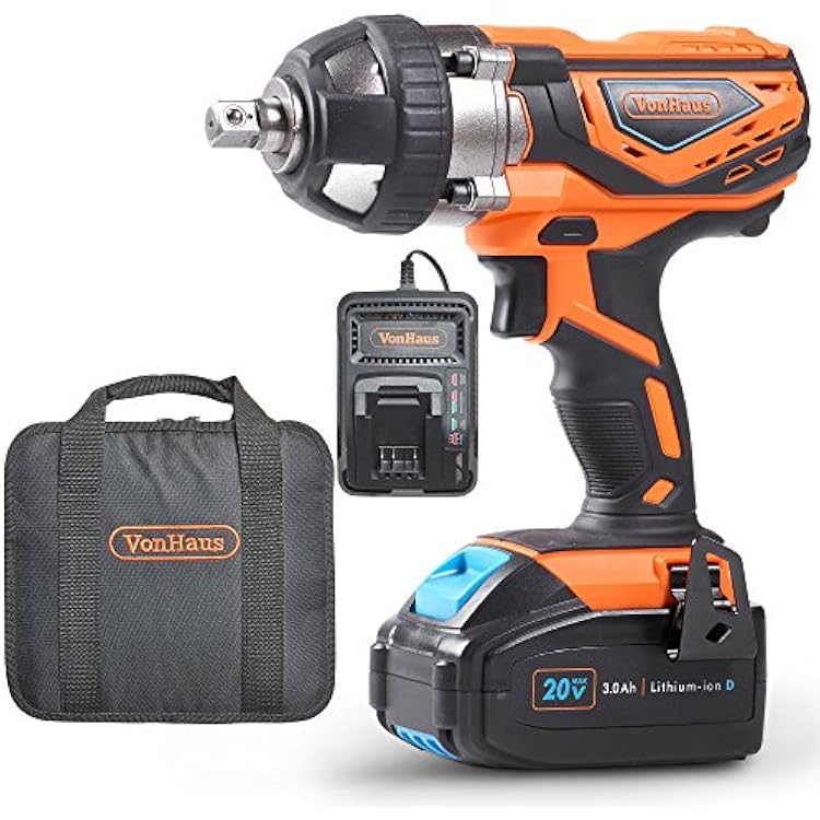 VonHaus 20V MAX Cordless 12 Impact Wrench Set High Torque with Variable Speed - Includes 3Ah Lithium-ion Battery, Smart Charger, Belt Hook and Tool Bag
