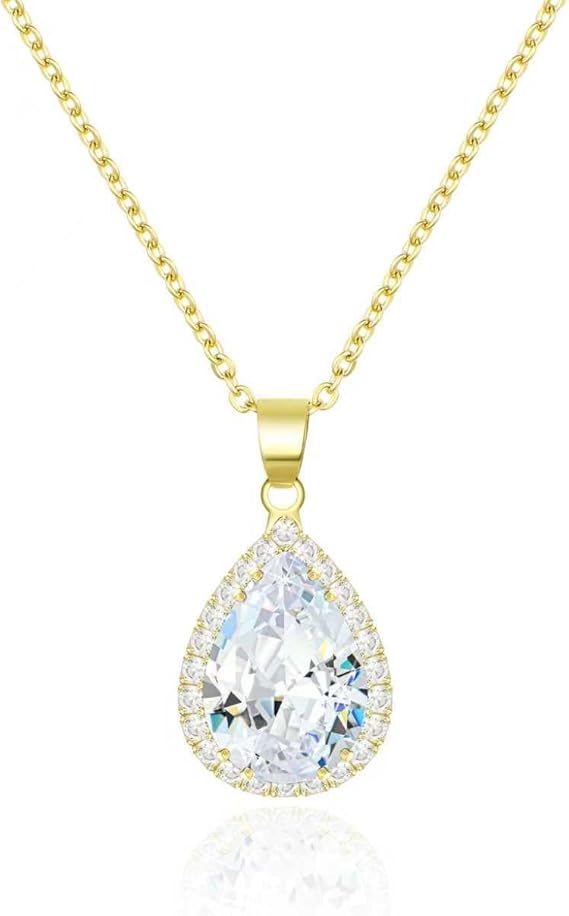 Linawe Crystal Chain Necklace for Women Trendy, Imitation Diamond Pendant, Statement Cubic Zirconia Boho Jewellery Set, 14K Gold/Rose Gold/Silver Birthstone Necklace
