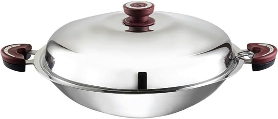 BUFFALO Stainless Steel Wok Pan with Lid Round Bottom 15 inch (38cm) - Stir Frying Pan Tri-Ply Nonstick Cookware - Double Handle Cooking Pot for Induction/Electric/Gas Stoves
