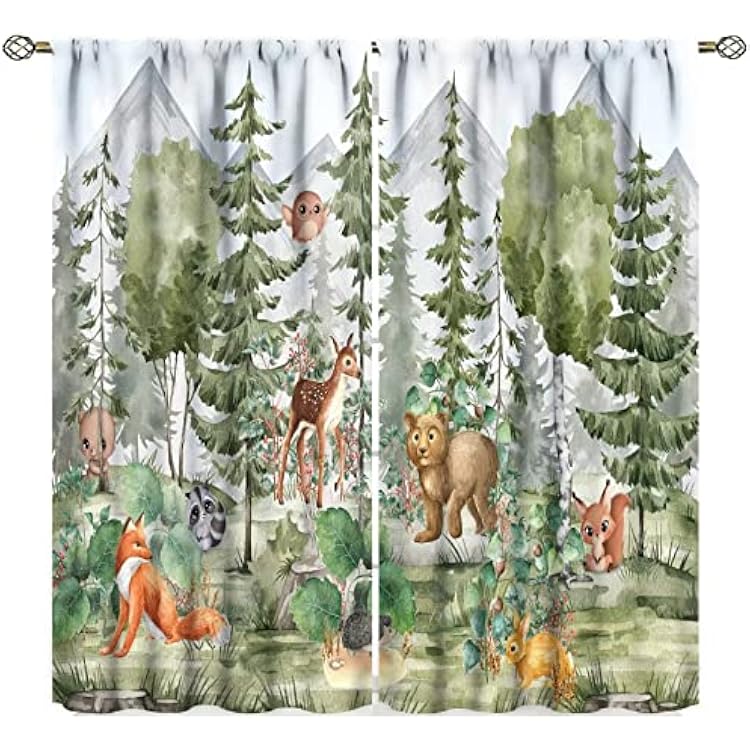 Kids Forest Animal Curtains,Fox Elk Bird Animal Watercolor Woodland Print Curtains Kids Nursery Bedroom Living Room Home Decoration 42x45 Inch