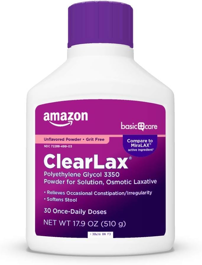 Amazon Basic Care ClearLax, Polyethylene Glycol 3350 Powder for Solution, Osmotic Laxative, Unflavored, 1.11 pound Pack of 3