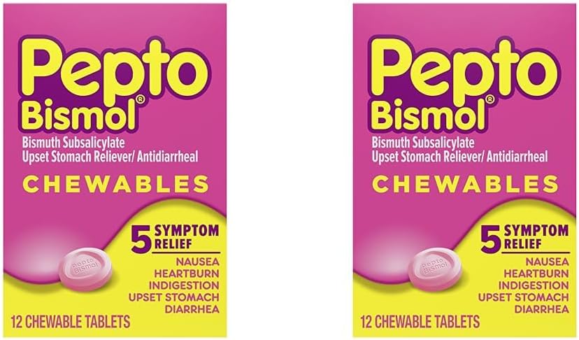Pepto Bismol Chewable Tablets for Nausea, Heartburn, Indigestion, Upset Stomach, and Diarrhea - 5 Symptom Fast Relief, Original Flavor 12 ct Pack of 2
