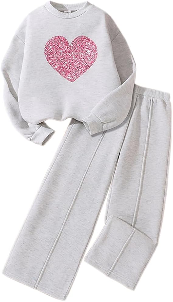 Girls' Clothing Set Heart Print Long Sleeve Top Pullover Sweatshirt Sweatpants 2 Piece Outfits Kids Sweatsuit Tracksuit Jogger Set 7-12 Years