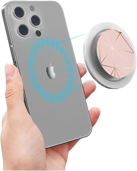 Foldable Magnetic Phone Stand with Grip - Strongest Magnet, Compatible with MagSafe Includes Metal Adapter Ring & Holder - Rose Gold Geometric