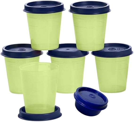 Tupperware 6 Piece Tupper Minis Midgets Green Containers Blue Seals with Blue Smidget