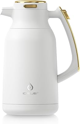 IDEUS Thermal Coffee Carafe 68oz 2,000ml, Stainless Steel Double Wall Insulated Vacuum Flask, Water Jug Coffee Server and Beverage Dispenser, Heat and Cold Retention White-Gold, 68oz 2,000ml