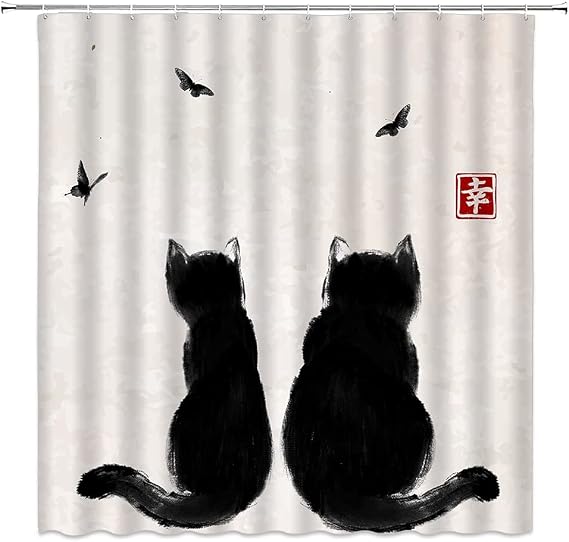 Asian Cat Shower Curtain Black Funny Retro Chinese Ink Painting Art White Butterfly Traditional Rustic Farm Bathroom Decor 70WX78H with Hook