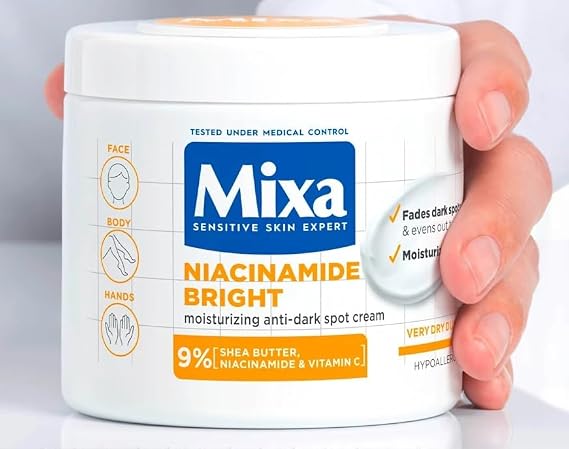 Mixa Niacinamide Bright Moisturizing AntiDark Spot Cream 400 ml (13.52 fl.oz.), Face & Body Hydration for Dry & Sensitive Skin