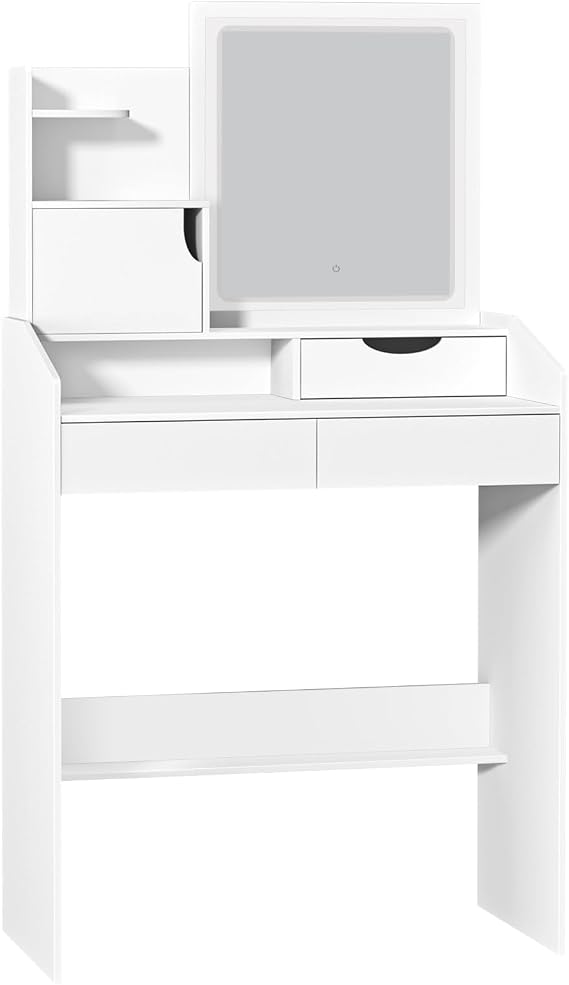 White Vanity With Lighted Mirror, Vanity Desk With Led Light And Mirror, Makeup Table With 2 Drawers, Bedroom Dressing Table, Makeup Desk With Brightness Adjustable White