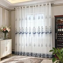 Amidoudou 1 Pair European Luxury Embroidered Sheer Curtains for Living Room Bedroom Window Screening (White and Blue,63x90 Inch)