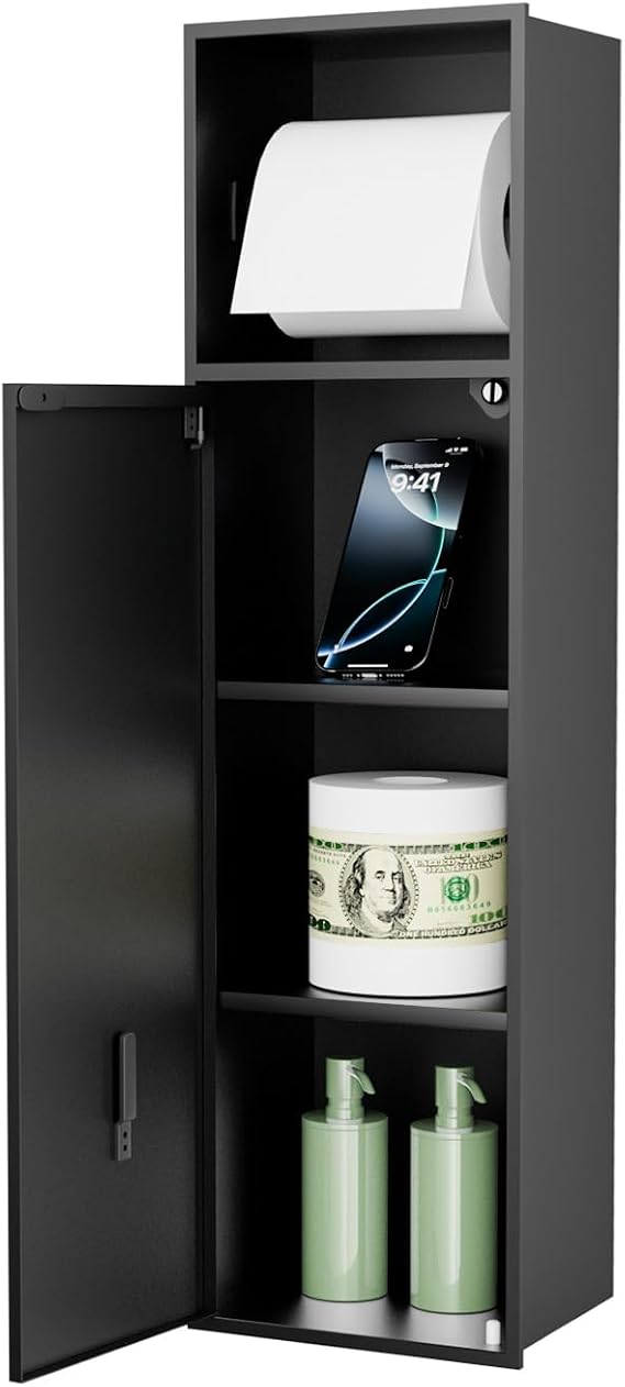 BARONAGE 24 Inch Recessed Toilet Paper Holder with 3 Storage, Matte Black