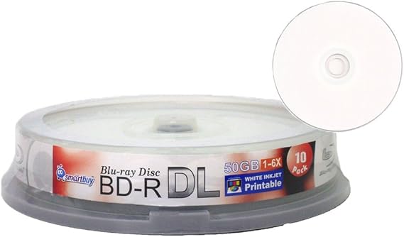 Smartbuy 50gb 6X Blu-ray Bd-r Dl White Inkjet Hub Printable Disc (10-Disc)