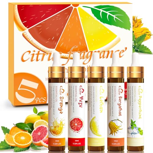Essential Oils Set 5 Pcs, Fragrance Set for Diffuser, Home, Candle Making, Citrus Essential Oils for Skin, Spa, Fragrance Oil for Women and Men - Lemon, Bergamot, Orange, Peppermint, Yuzu