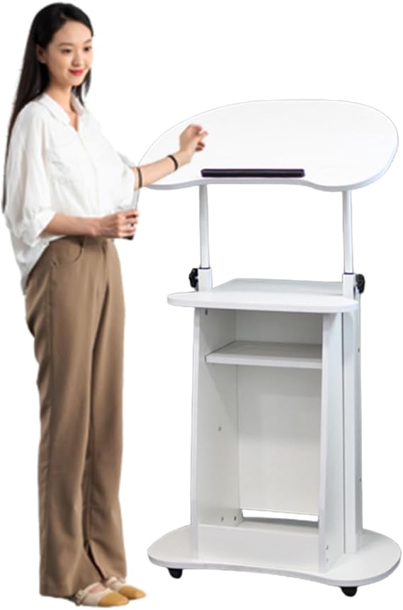Height Adjustable Mobile Laptop Lectern Stand, Portable Church Podium with Tilting Desktop & Storage, Ergonomic Rolling Pulpit for Presentations, White