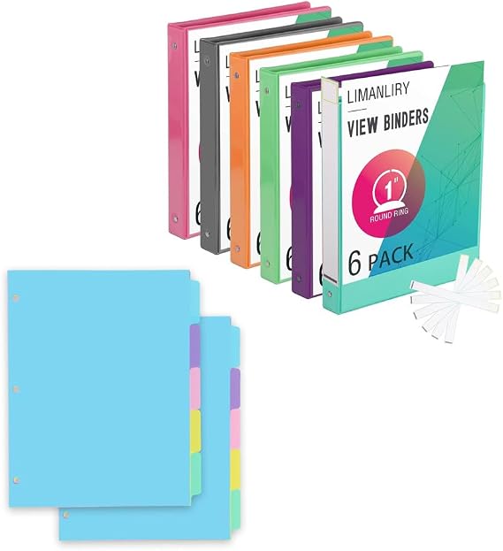 6 Pack1 inch Binders & 2 Sets 8Tab Plastic Dividers