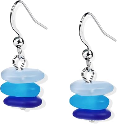 Sea Glass Drop Dangle Earrings for Women Handcrafted Beach Earrings with Gradient Blue Beads, Silver Sea Glass Jewelry for Summer Vacation