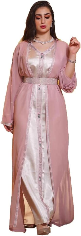 Kaftan Dress Moroccan Caftan with Belt Chiffon Turkey Dress Abayas for Women Muslim Two Piece Set