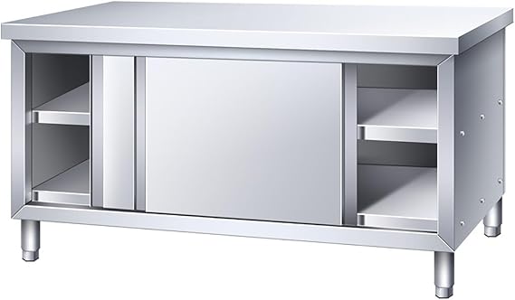 Stainless Steel Commercial Worktable, Heavy Duty Workbench w/Cabinet, Kitchen Prep Table w/Sliding Doors, Kitchen Prep Station for Restaurant, Food Service(120x60x80cm/47.2x23.6x31.4in)