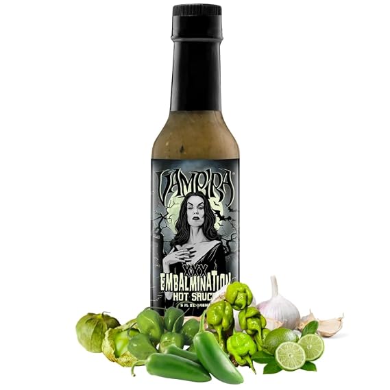 Hellfire Hot Sauce Vampira  Embalmination - Green Salsa Verde Gourmet Hot Sauce With Carolina Reaper Peppers, 5 oz.