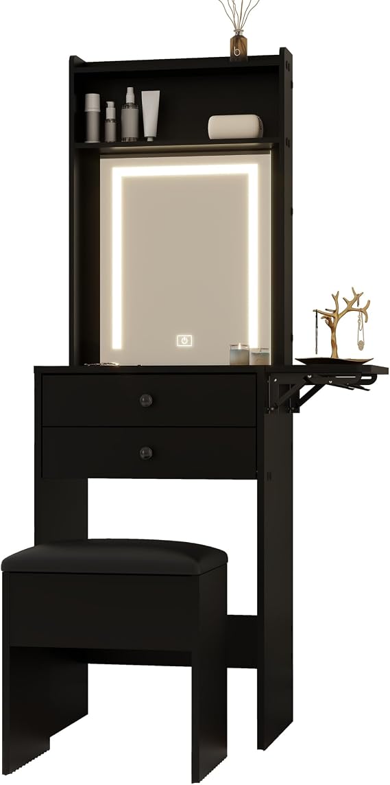 Dressing Table with Mirror and LED Lights, Makeup Table with 2 Drawers & shelves, Compact Small Vanity Desk Set with Fold-up Panel, Cushioned Storage Stool for Bedroom (Black)