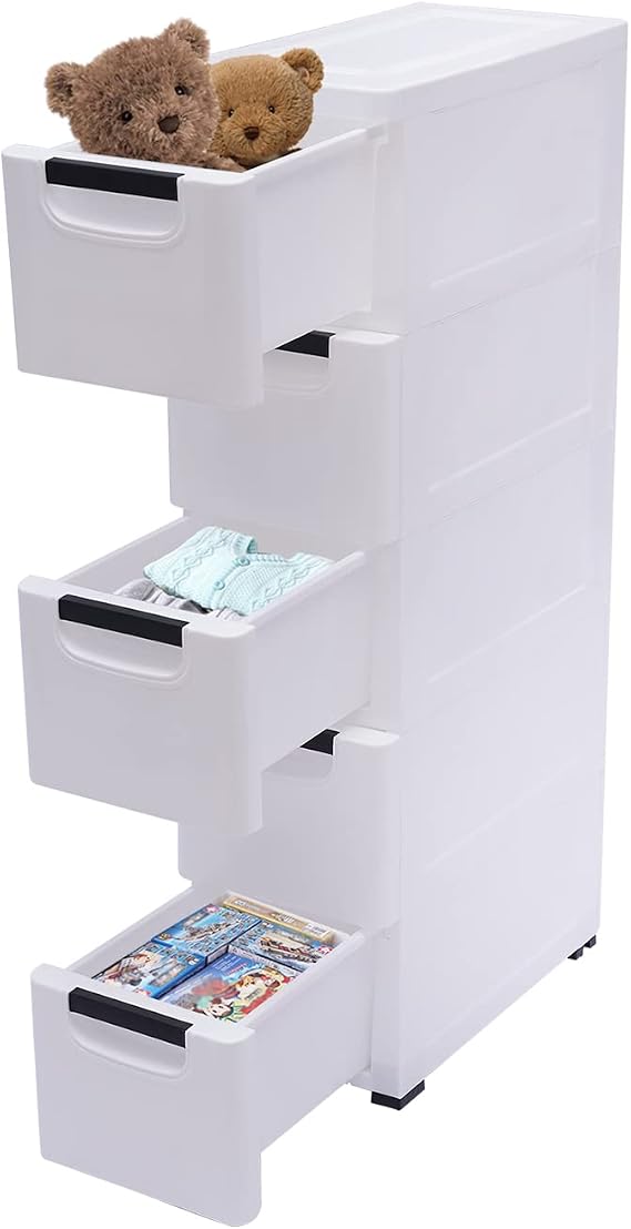 5 Tier Plastic Drawers Narrow Dresser Storage Cabinet, Mobile Stackable Clothes Storage Tower, Suitable for Home, Office, Bedroom Storage Cabinet, 7.87 * 15.75 * 33.07in (White)