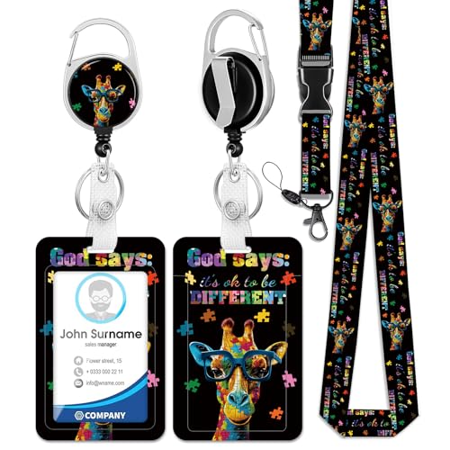 HAKUNEI Autism Awareness Puzzle Badge Holder with Retractable Reel Giraffe ID Card Badge Case with Carabiner Clip ID Card Name Tag Badge Protector Cover for Work Office Nurse Teacher Gifts
