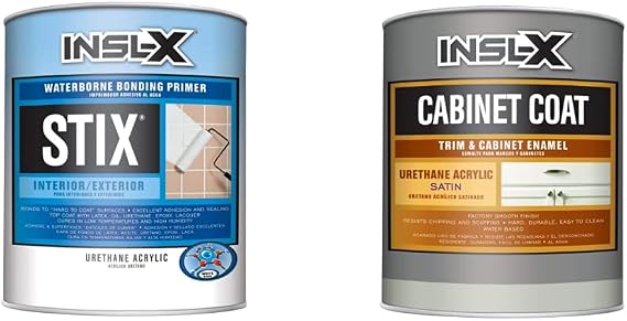 INSL-X Stix Acrylic Waterborne Bonding Primer, 1 Quart, White Cabinet Coat - Urethane Acrylic Satin Sheen Enamel Cabinet Paint, White, 1 Quart, 32 Fl Oz