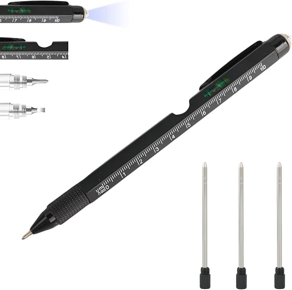 9 in 1 Multi Tool Pen with Ballpoint Pen/Flat Head Screwdriver/Phillips Screwdriver/Stylus/Bottle Opener/Phone Holder/Bubble Level/Ruler/Flashlight, Gift for Father's Day
