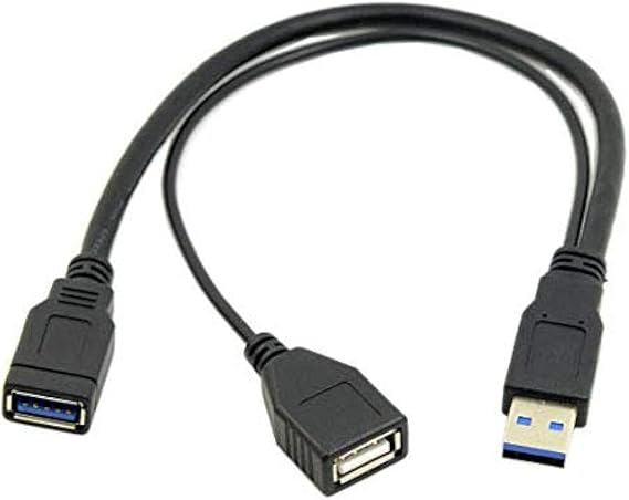 USB 3.0 Y Splitter Cable, 1Feet Type A Male to Dual USB Female 1 to 2 Y Splitter Sync Data Charger Cable Cord (One Side Only for Charging)