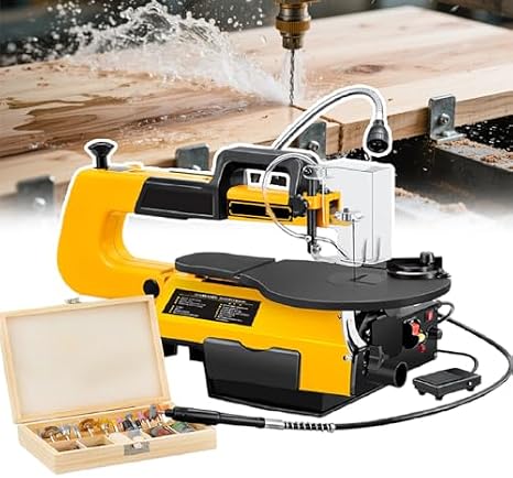 16-Inch Variable Speed Scroll Saw with Dust Port, 550-1650 SPM, Stepless Speed Control & 10 Blades for Precision Woodworking, Drilling, Polishing & Detailed Art Projects